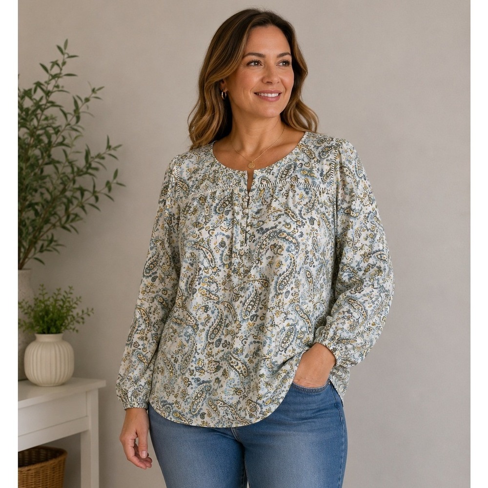 Talbots Blouse Womens Large Blue White Paisley Cotton Long Sleeve Henley Top